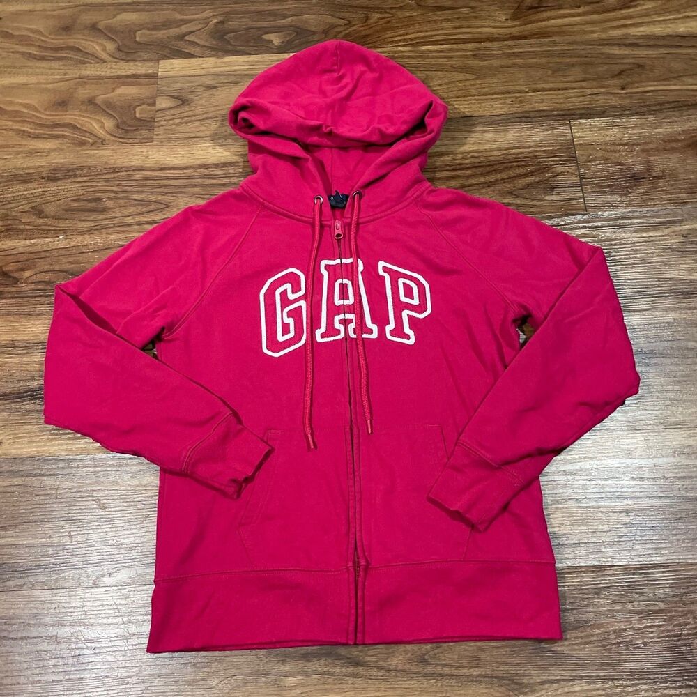 Gap Logo FZ Holiday Pink Full Zip Hoodie Red Drawstring Sweater Women's Size M